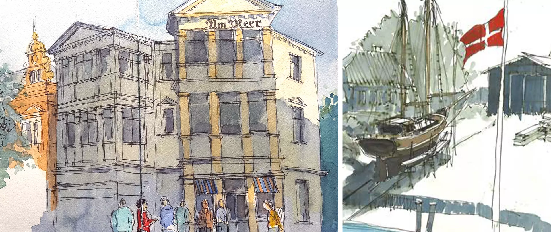 Urban Sketching Beispiel mit Skizzen eines historischen Gebäudes und eines Hafens mit Segelboot und dänischer Flagge in lockerem Aquarellstil