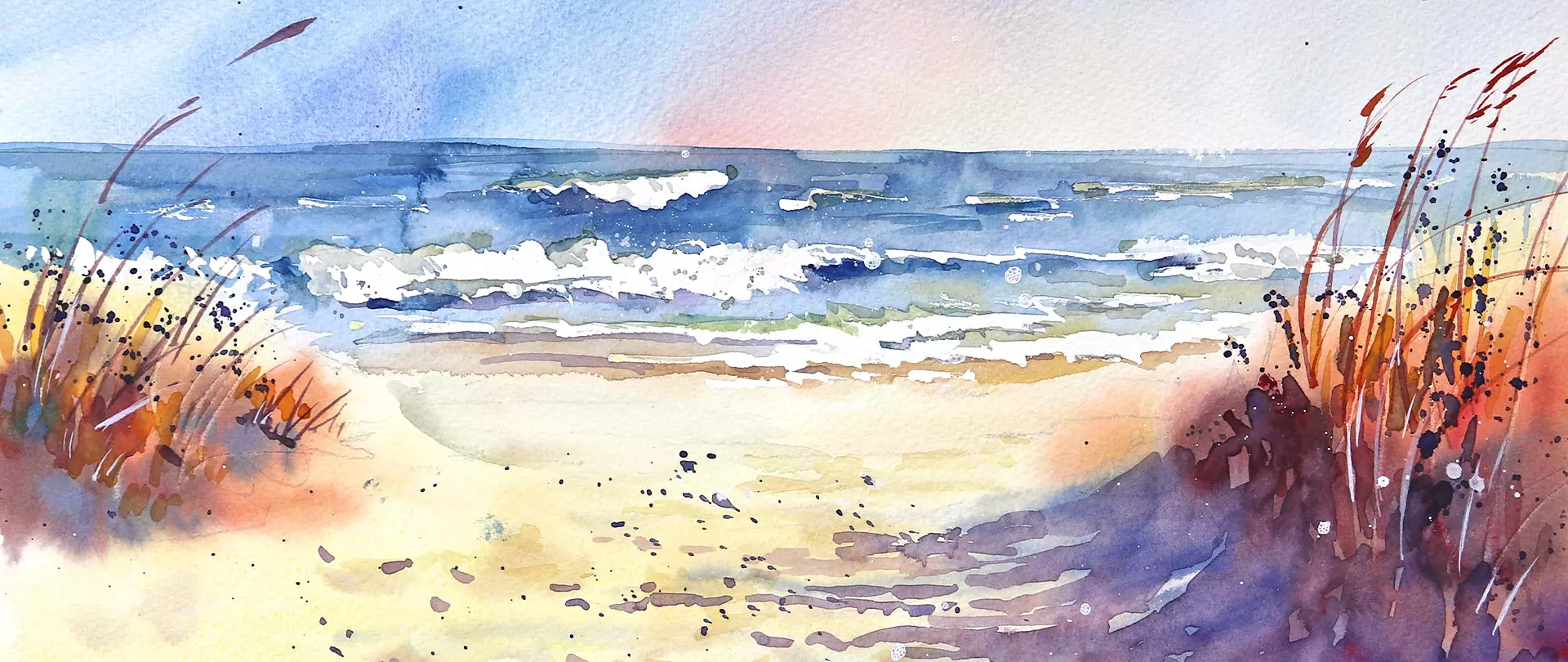 Aquarell eines Strandes auf Spiekeroog mit Sand, Dünen und Wellen im Meer erstellt von artistravel Dozentin Anita Ulrich