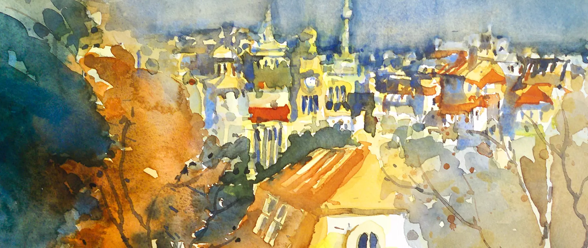 Aquarell einer Stadtlandschaft mit Gebäuden und Türmen, gemalt von artistravel Dozentin Sabine Nögel