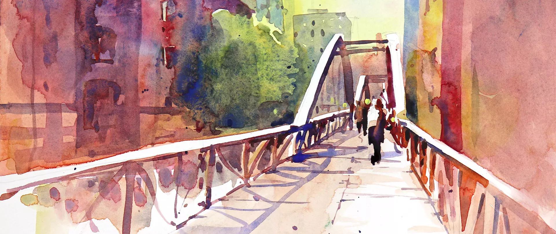 Aquarell einer Brücke in der Speicherstadt mit mehreren Personen, umgeben von historischen Backsteingebäuden und Bäumen erstellt von artistravel Dozentin Anita Ulrich