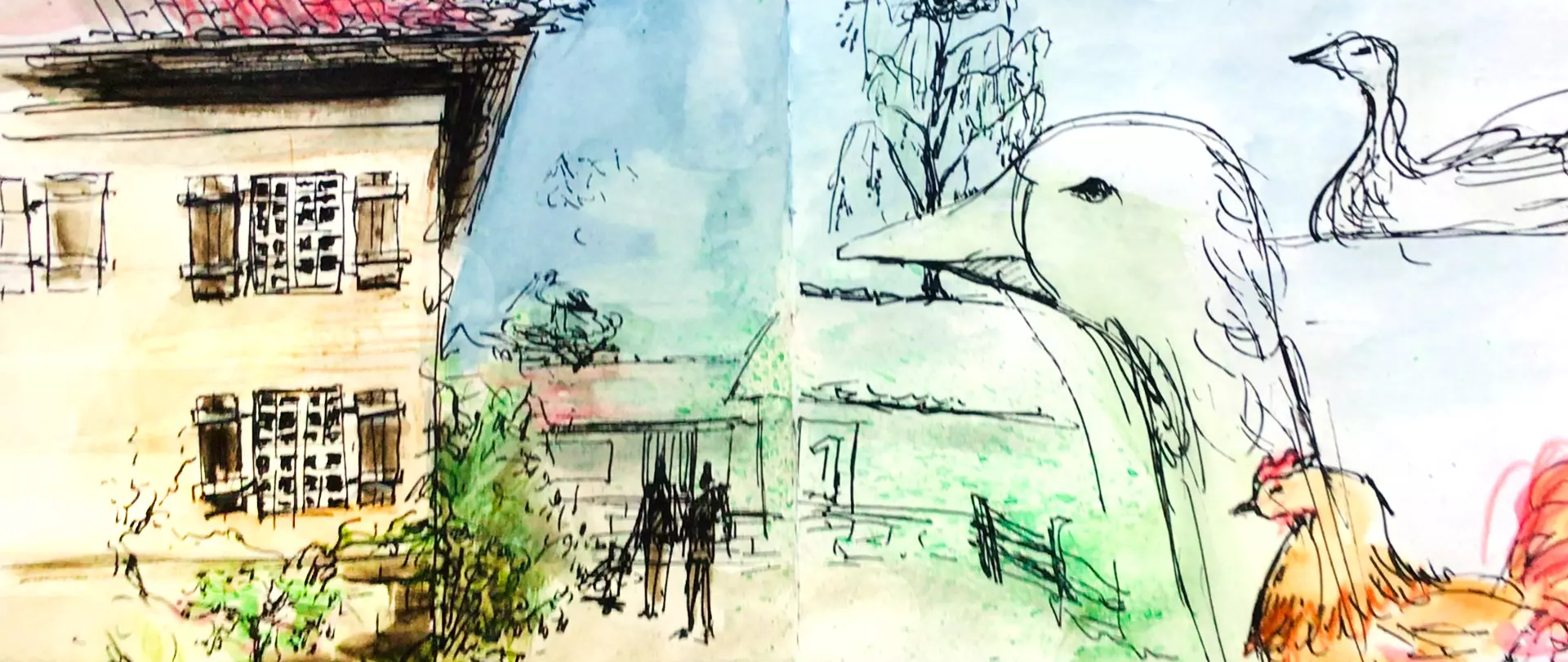 Skizze eines Huhns im Vordergrund vor einer ländlichen Szene mit Häusern, Bäumen und einem Zaun erstellt von artistravel Dozentin Tanja Ulitzka