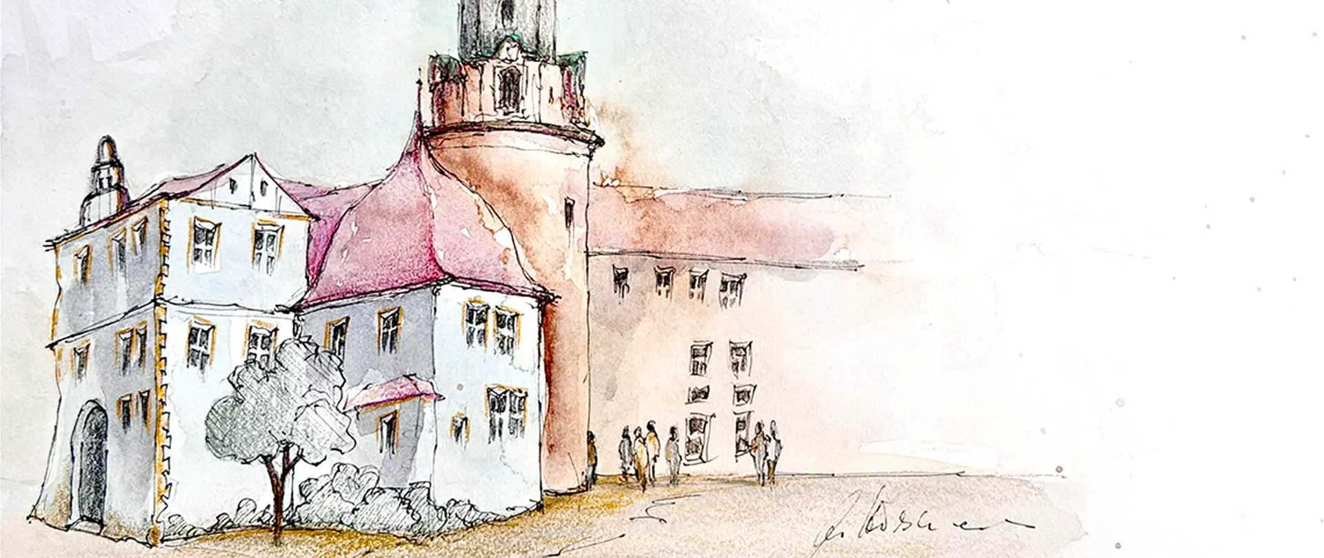 Mit dem Stift in der Hand Weimar entdecken Historische Gebäude in Weimar als Aquarellskizze mit Menschen, die Architektur und Atmosphäre zeichnerisch entdecken