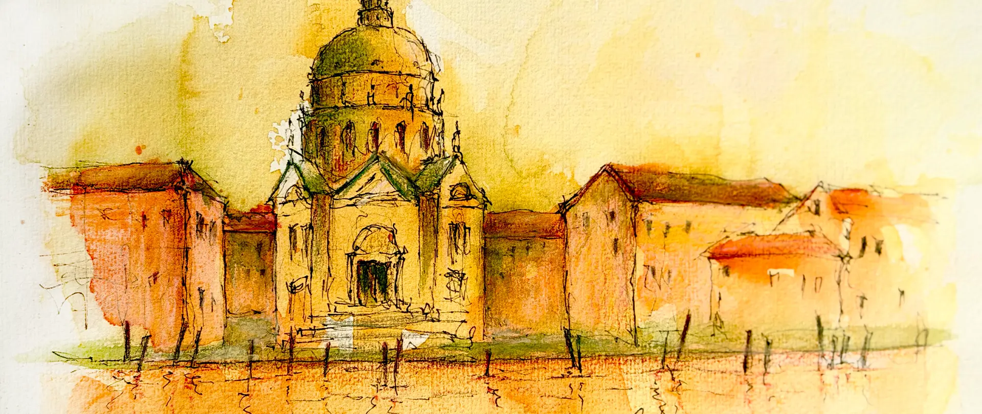 Aquarellskizze eines historischen Gebäudes mit Kuppel, die lebendige Linien und Farbflächen in warmen Gelbtönen verbindet