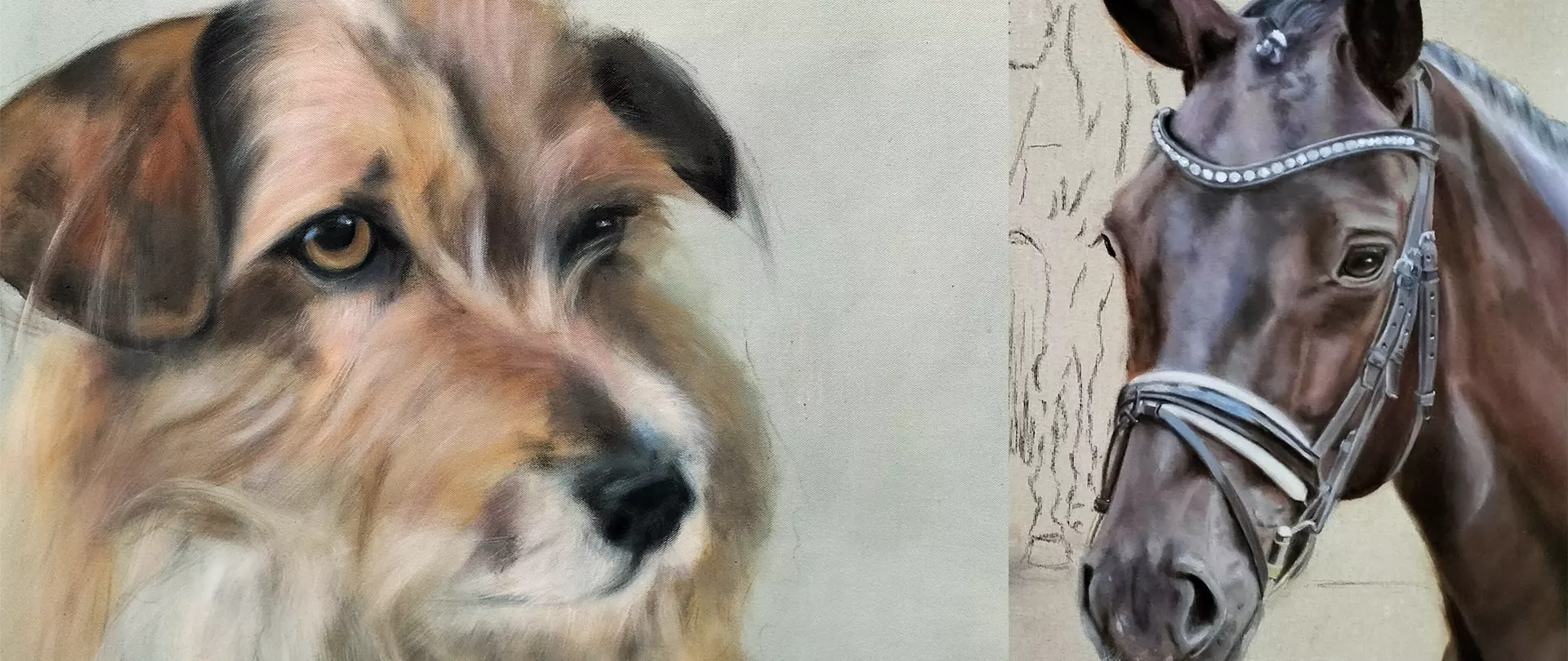 Nahaufnahmen eines Hundeportraits und eines Pferdeportraits mit ausdrucksstarkem Blick, gemalt mit feinen Pinselstrichen und lebendigen Farben