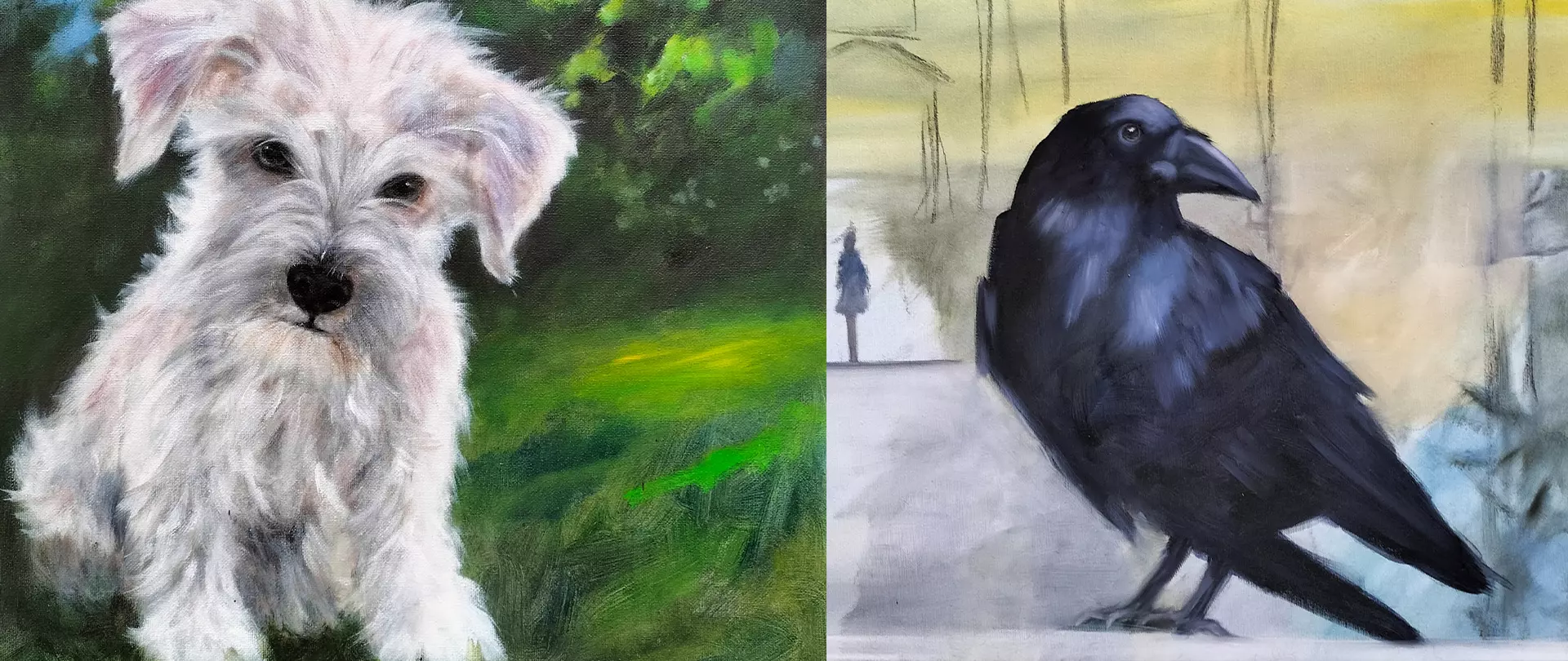 Weißer Hund mit treuem Blick auf grünem Hintergrund und schwarzer Rabe vor abstraktem Hintergrund als Tierportraits mit Ausdruck und Seele