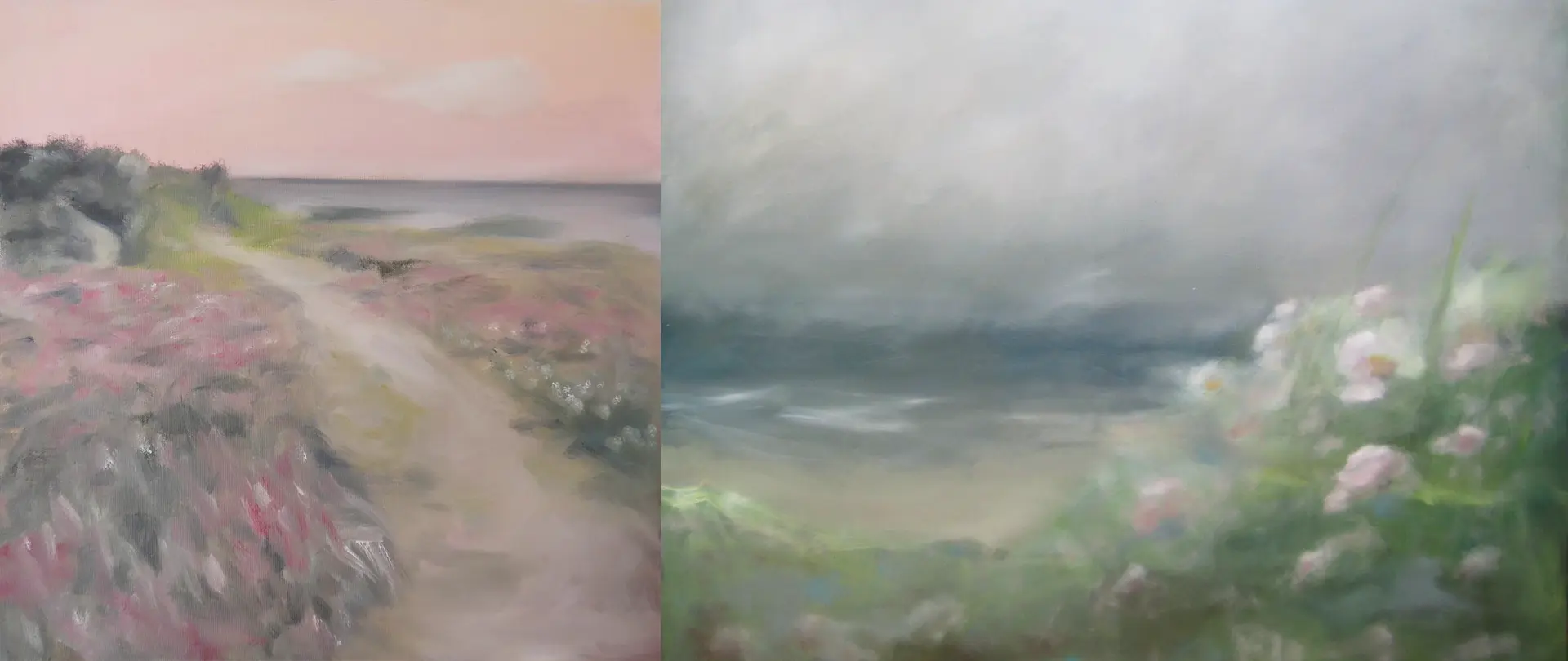 Landschaften in Acryl Zwei impressionistische Acryl-Landschaften mit besonderem Licht und Stimmung, eine zeigt einen Pfad durch blühende Wiesen, die andere Himmel und zarte Blumen