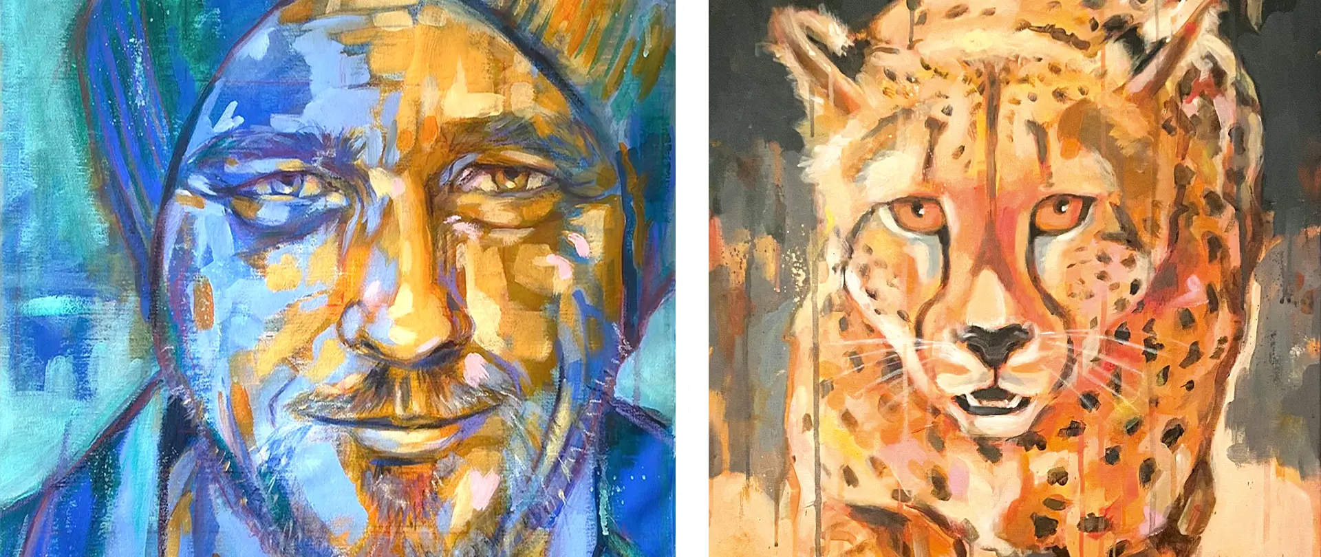 Portrait expressiv - Mensch & Tier Expressives Portrait eines Mannes in leuchtenden Blau- und Gelbtönen neben einem intensiven Tierporträt eines Gepards mit starken Kontrasten und lebhaften Blicken