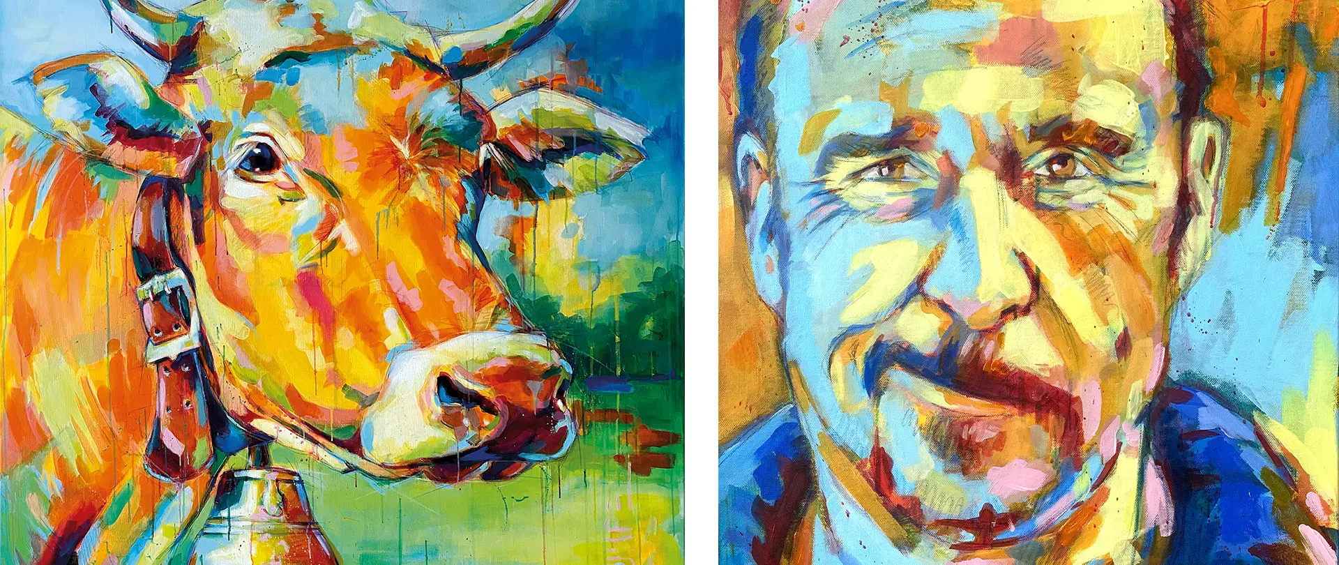 Portrait expressiv - Mensch & Tier Leuchtend farbiges, expressives Gemälde eines Rinds und eines Mannes mit starken Kontrasten und intensiven, ausdrucksstarken Blicken