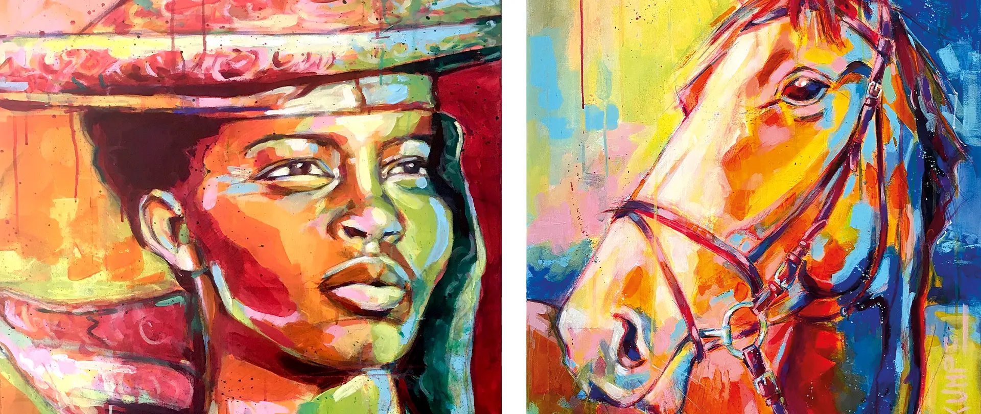 Portrait expressiv - Mensch & Tier Expressive Porträtmalerei mit leuchtenden Farben und starken Kontrasten, zeigt ein farbenfrohes Menschen- und Tierportrait mit intensivem Blick