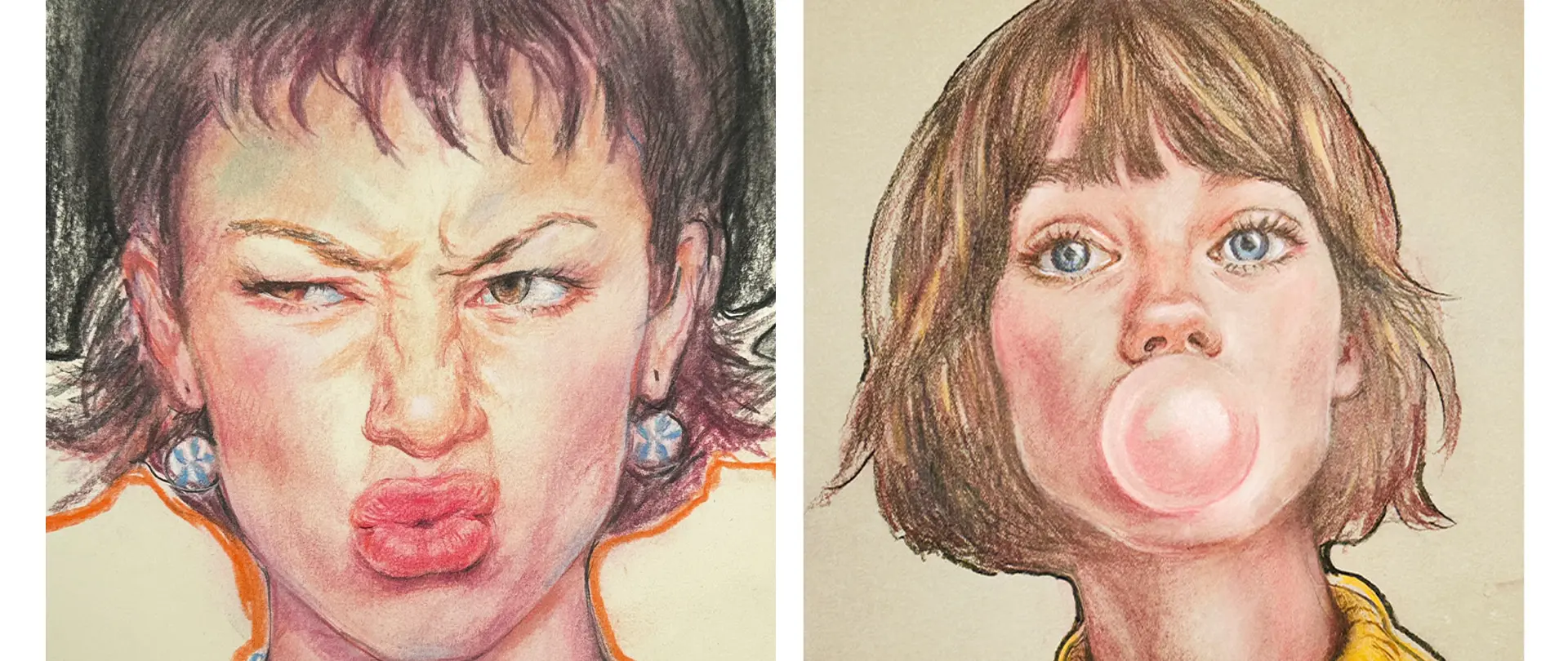 Portrait mit Pastellkreidestiften Zwei ausdrucksstarke Portraits mit Pastellkreidestiften, eine Frau mit skeptischem Blick und eine andere, die Kaugummi bläst