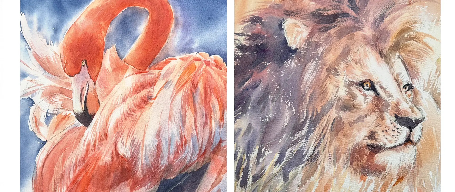 Aquarellmalerei von einem orangefarbenen Flamingo und einem Löwen mit ausdrucksstarkem Fell und leuchtenden Farben