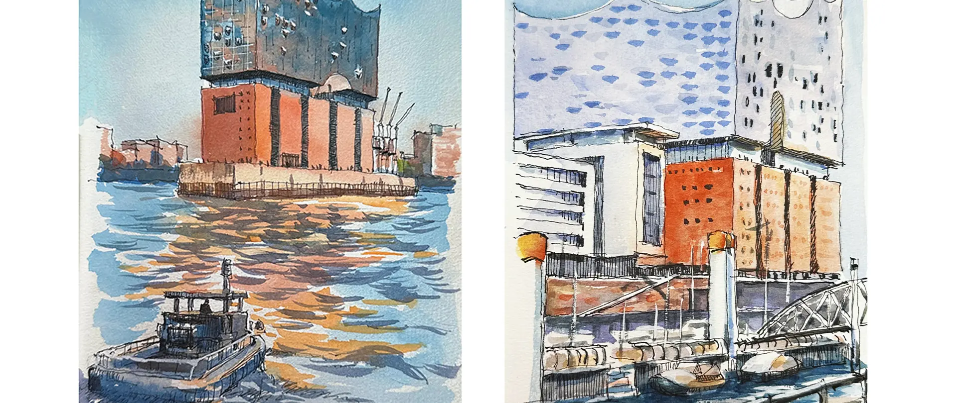 Zwei Aquarellskizzen der Elbphilharmonie Hamburg, die lockeres und schnelles Architekturzeichnen mit klaren Linien und Farbakzenten zeigen