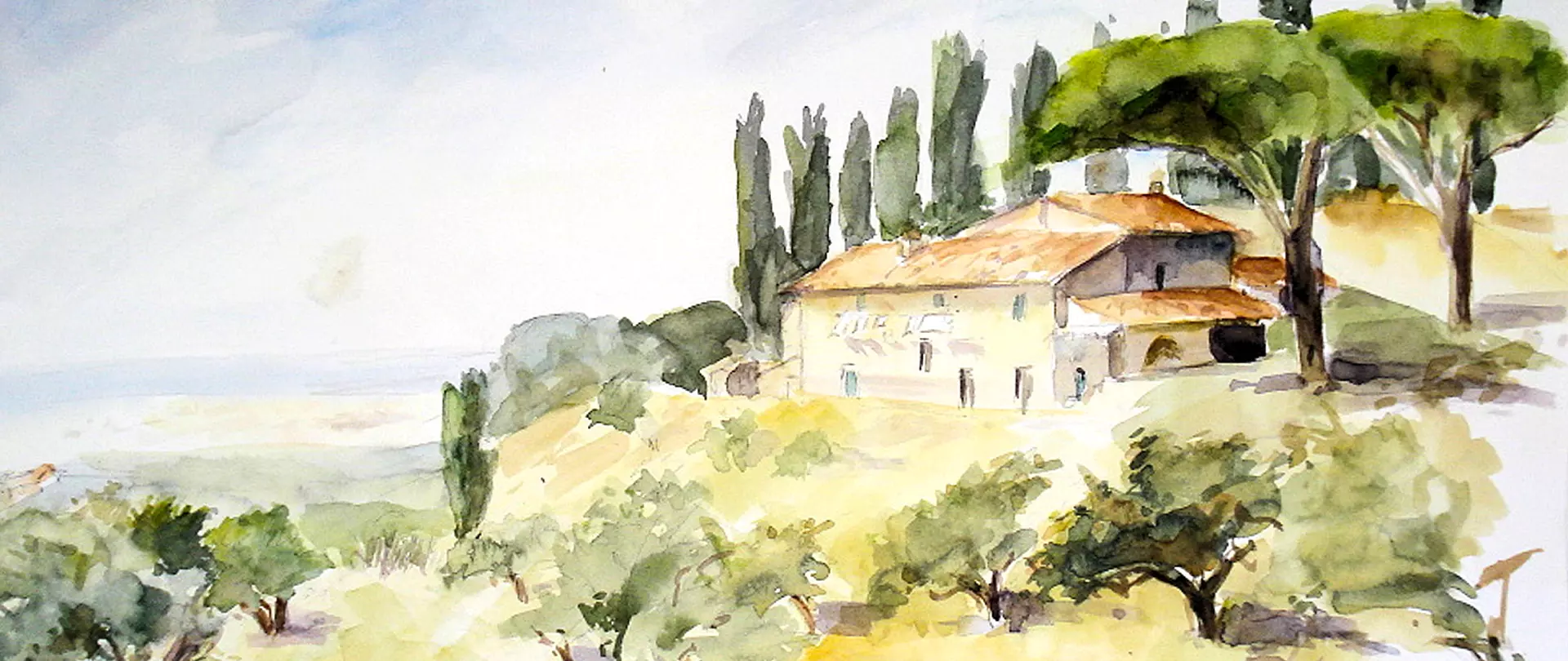 Aquarell einer toskanischen Landschaft mit einem Bauernhaus, Zypressen und Olivenbäumen auf einem Hügel erstellt von artistravel Dozentin Editha Tarantino