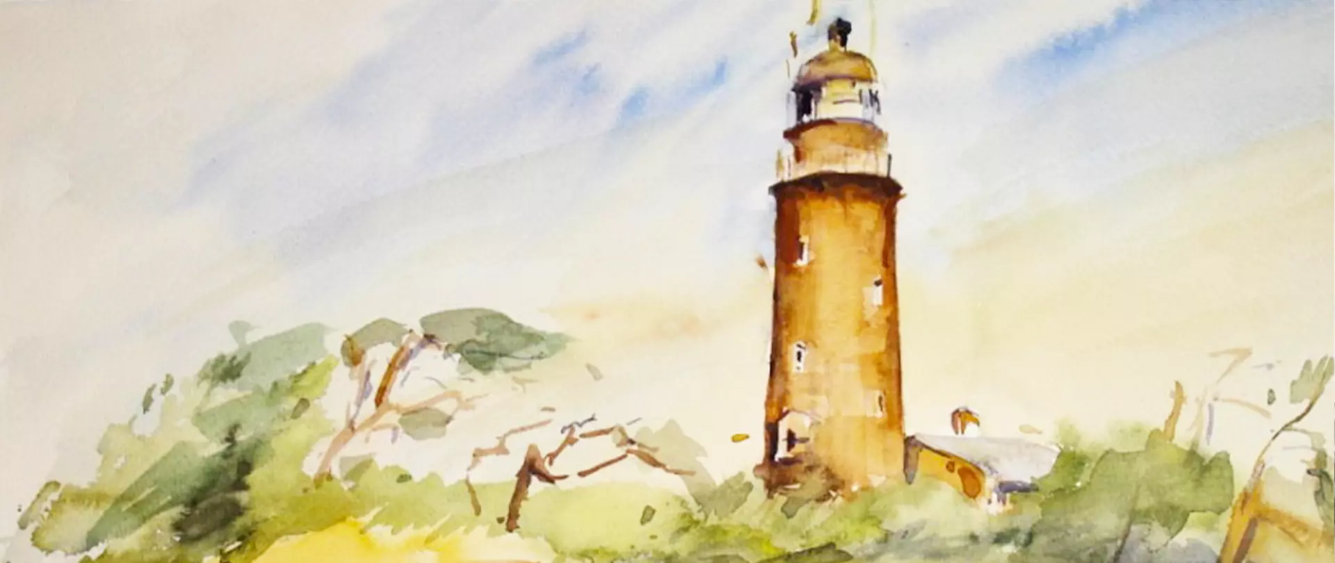 Aquarell eines Leuchtturms Darss mit umgebender Vegetation und bewölktem Himmel erstellt von artistravel Dozentin Editha Tarantino
