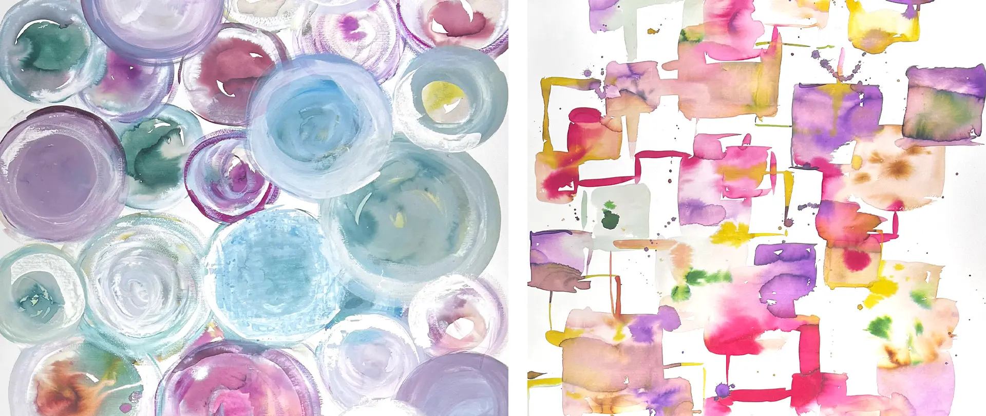 Experimentelle Aquarellmalerei mit farbigen, kreisförmigen und rechteckigen abstrakten Formen in sanften und lebendigen Farben