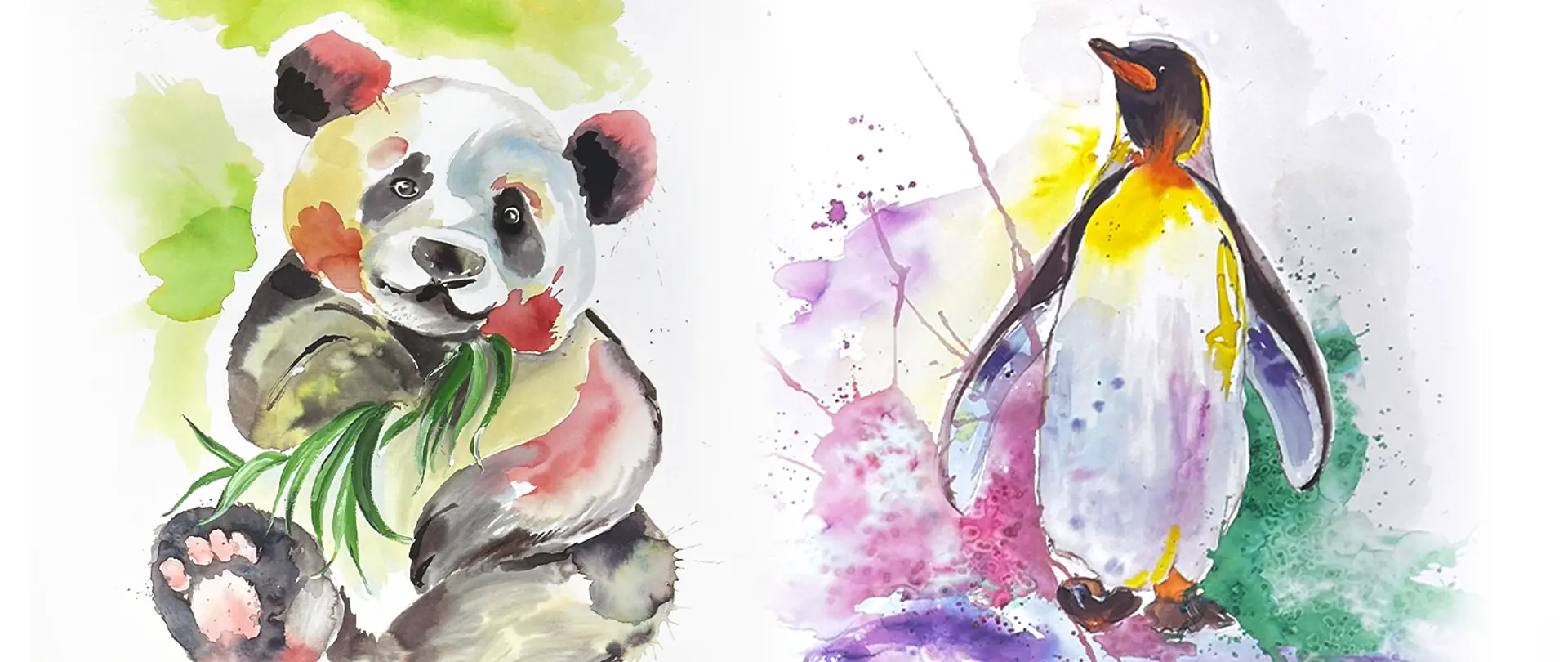 Aquarellierte Illustration eines sitzenden Pandas mit Bambus und eines stehenden Pinguins in lebendigen Farben
