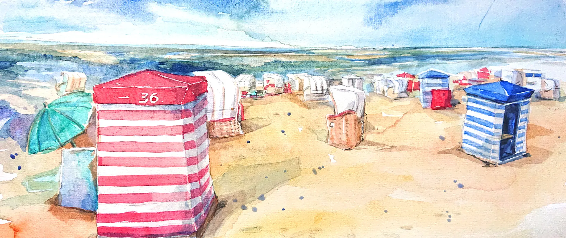 Strand mit bunten, gestreiften Strandkörben und blauem Himmel, aquarellierte Szene voller leichter, heller Farben und lockerer Pinselführung