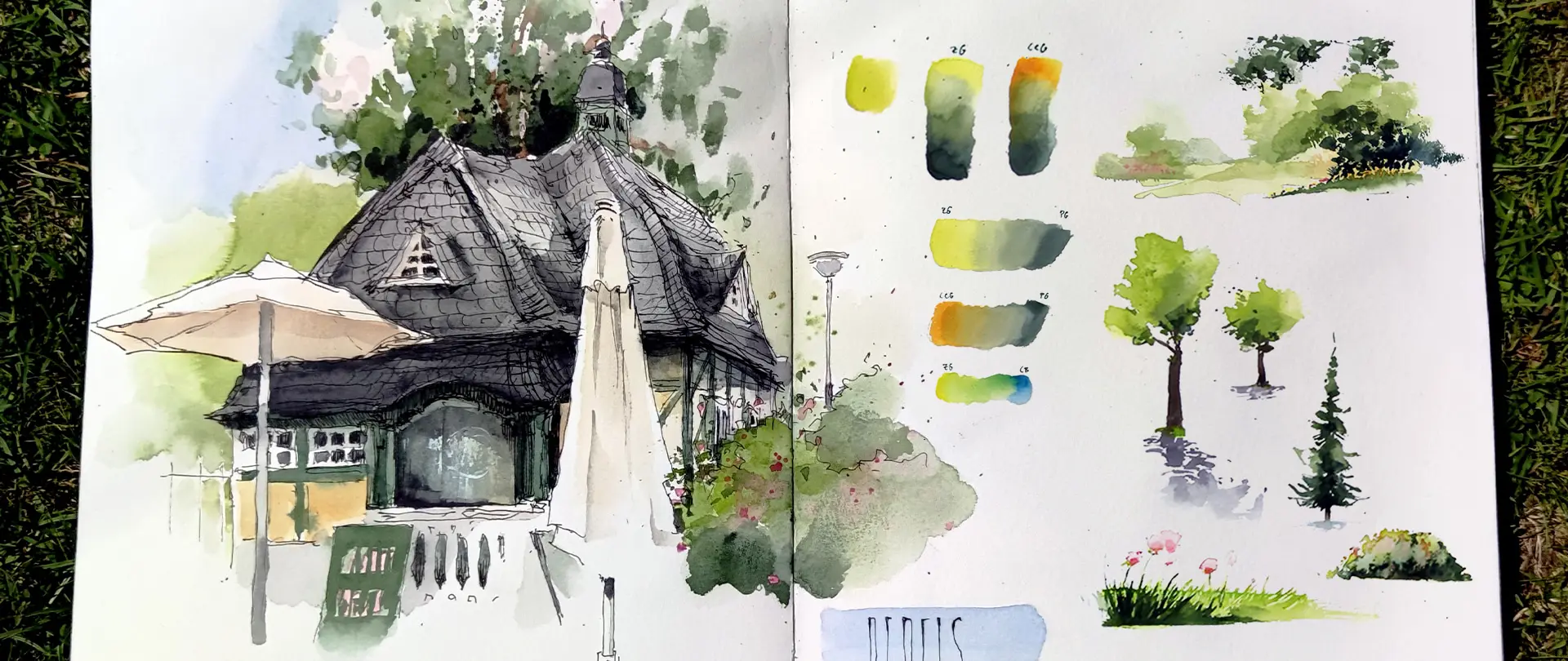 Aquarellzeichnung eines Hauses und kleiner Landschaftsskizzen mit Farbpaletten, typisch für einen Urban Sketching-Kurs in Berlin