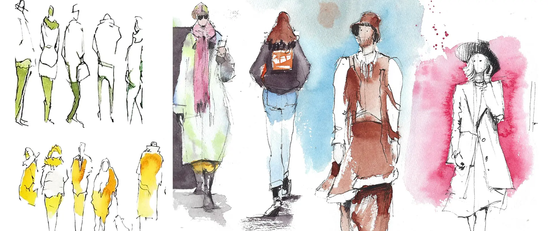 Skizzen schneller, lebendiger Figuren in verschiedenen Posen und Outfits, die einen urbanen Sketch mit Menschen bereichern