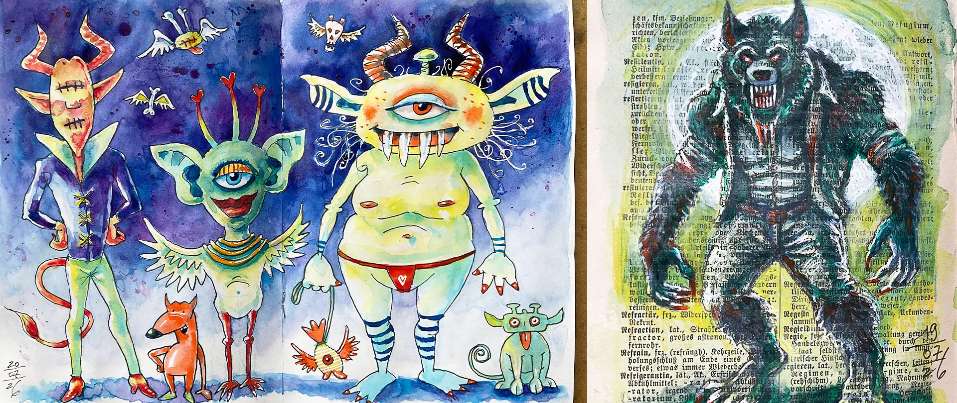 Bunte, skurrile Halloween-Monster und ein gruseliger Werwolf vor Texthintergrund, inspiriert vom Kurs "Schauerlich gruselige Skizzen – Halloween Spezial"