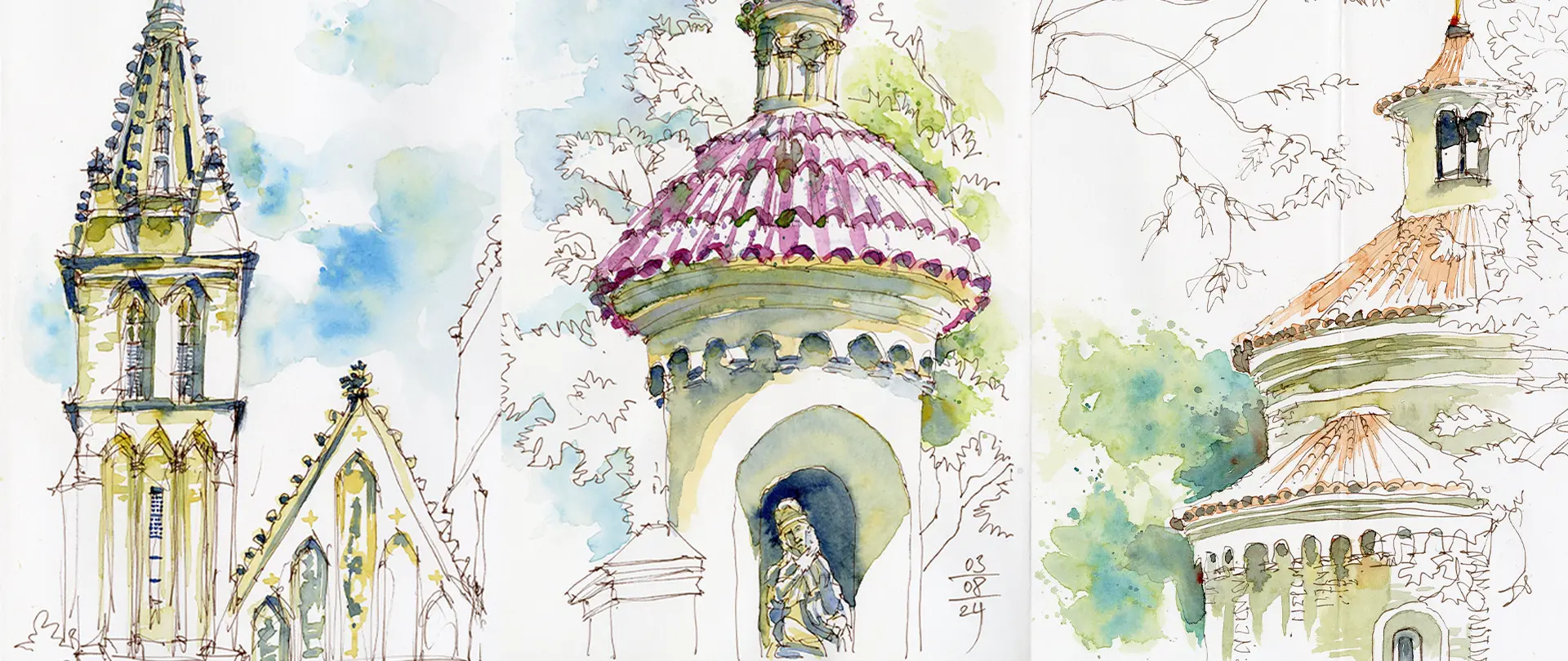 Detailreiche Aquarellskizze von Prager Architektur mit Türmen und verwitterten Dächern als Motiv für urbanes Skizzieren und Malen