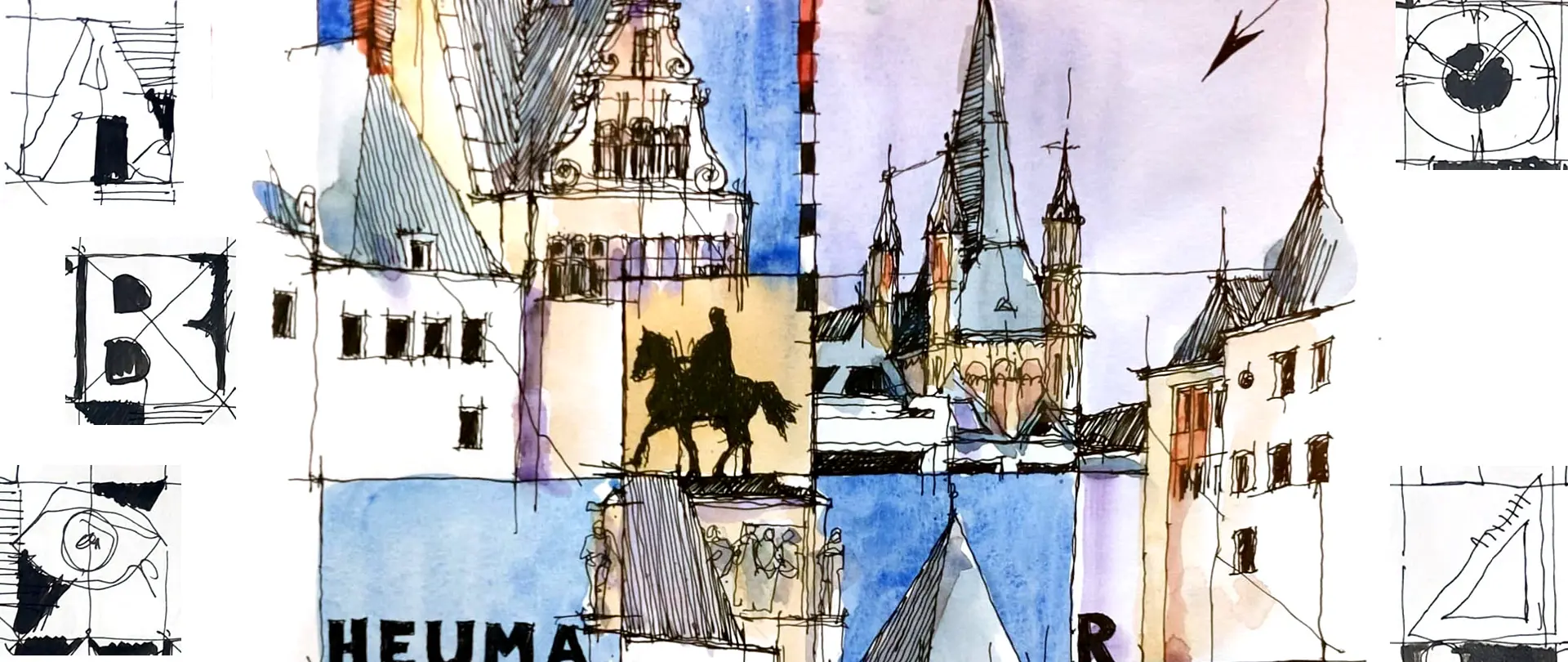 Collage aus urbanen Skizzen mit Architektur, Reiterstatue und typografischen Elementen im Stil des Urban Sketching von Harald Killemann