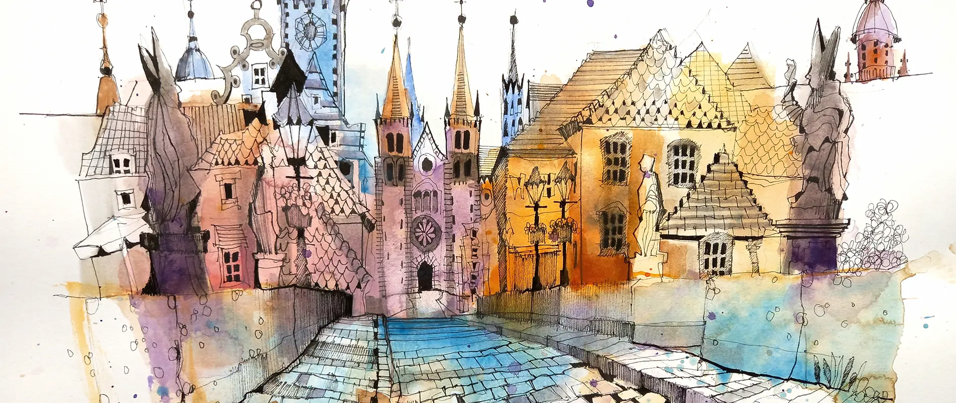 Urban Sketching von historischen Gebäuden und Gassen in Konstanz mit Tinte und Aquarellfarben in lebendigen Farbtönen