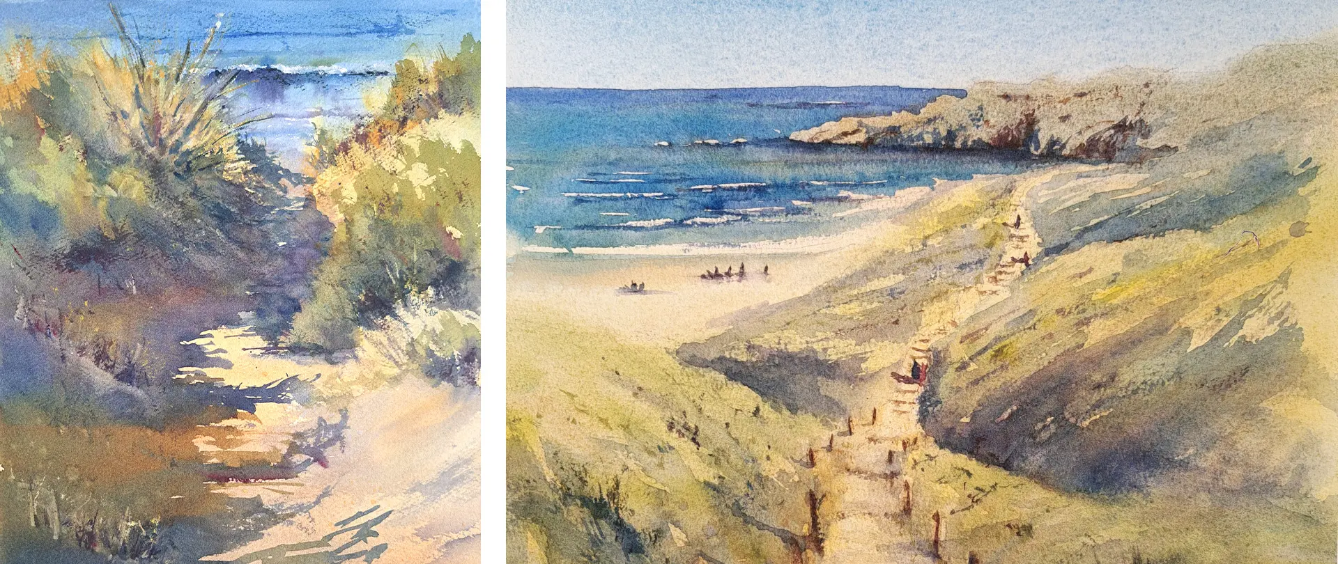 Amrum mit Aquarell und Skizzenbuch entdecken Pfad durch Dünen mit Gras und Blick auf das Meer, gemalt in Aquarelltechnik, mit sommerlicher Lichtstimmung an der Nordseeküste