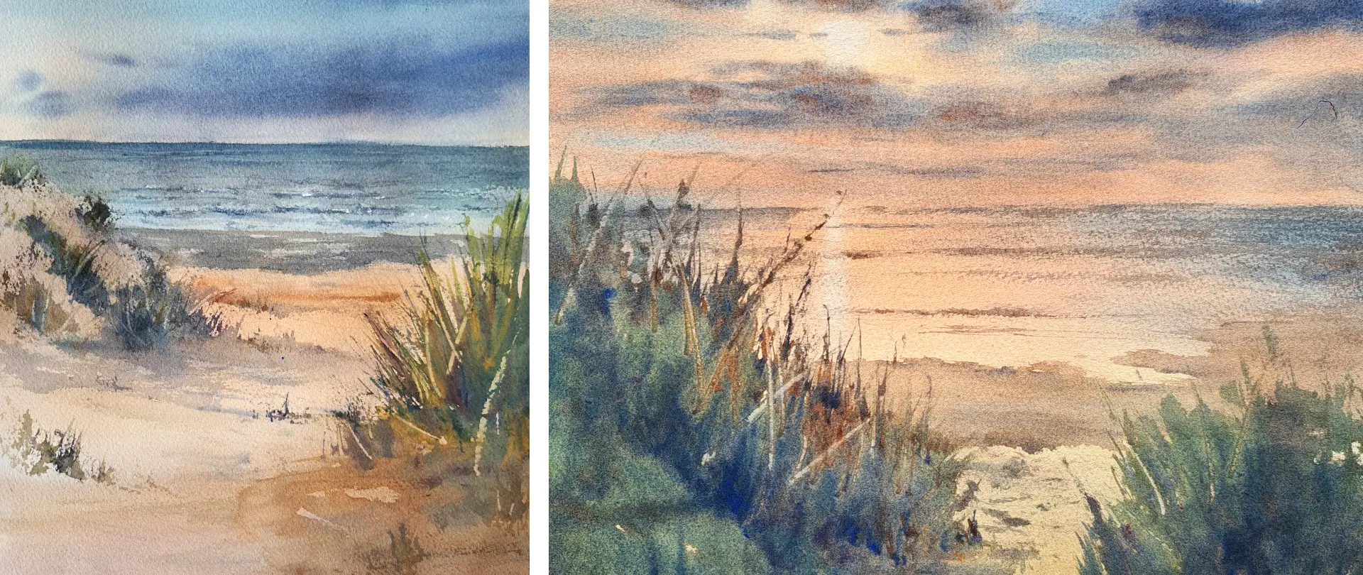 Aquarellmalerei einer Küstenlandschaft mit Strand, Meer und Grasbüscheln, die die Stimmung und das Licht der Natur in Prerow einfängt