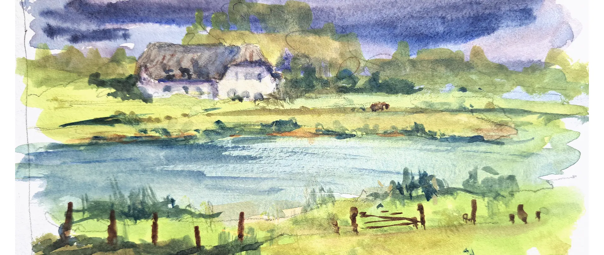 Skizzenbuch und Aquarell: Licht und Stimmung einfangen Landschaftsaquarell mit Haus, Wasser und Wiese, das Licht und Stimmung einer naturnahen Szene einfängt