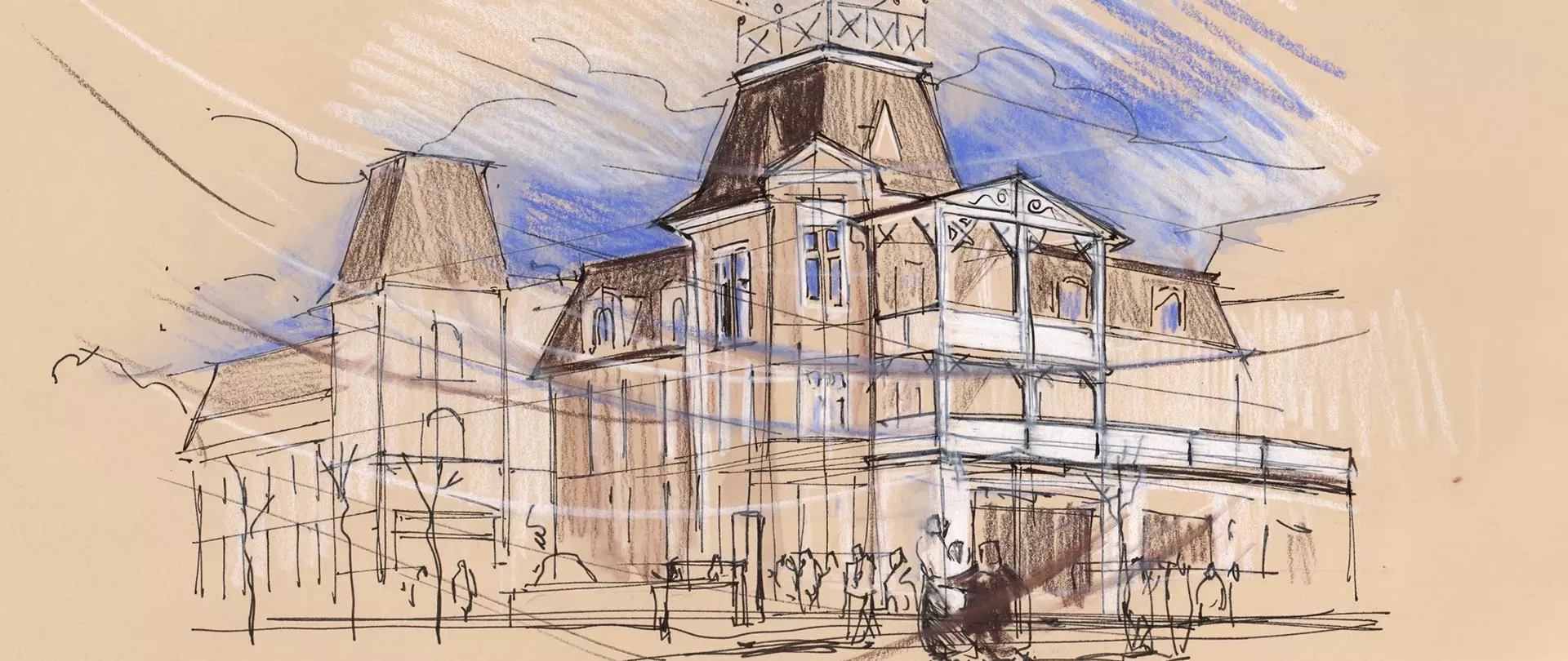 Skizze eines historischen Gebäudes mit Turm und Veranda, Menschen und Fahrrad davor, Urban Sketching erstellt von artistravel Dozent Jens Hübner