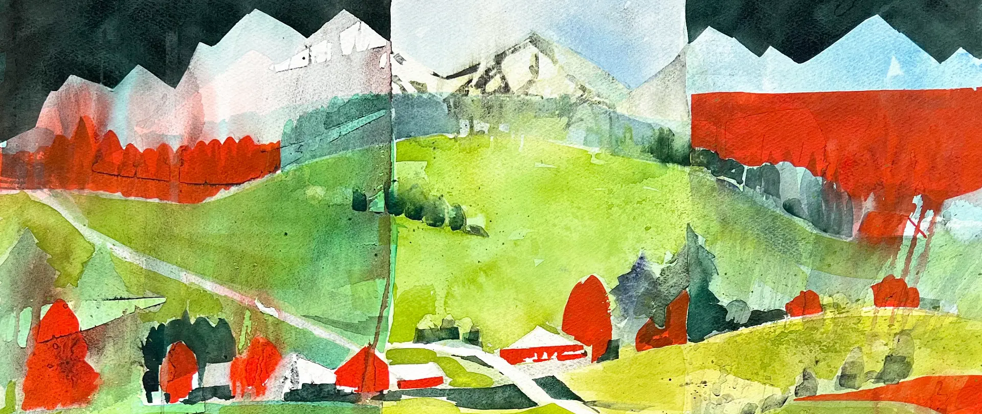 Spurensuche im Aquarell – Landschaft und Verdichtung Aquarell-Landschaft mit grünen Hügeln, roten Akzenten und abstrakten Bergen als Eindruck von Landschaftsverdichtung und bewusster Wahrnehmung