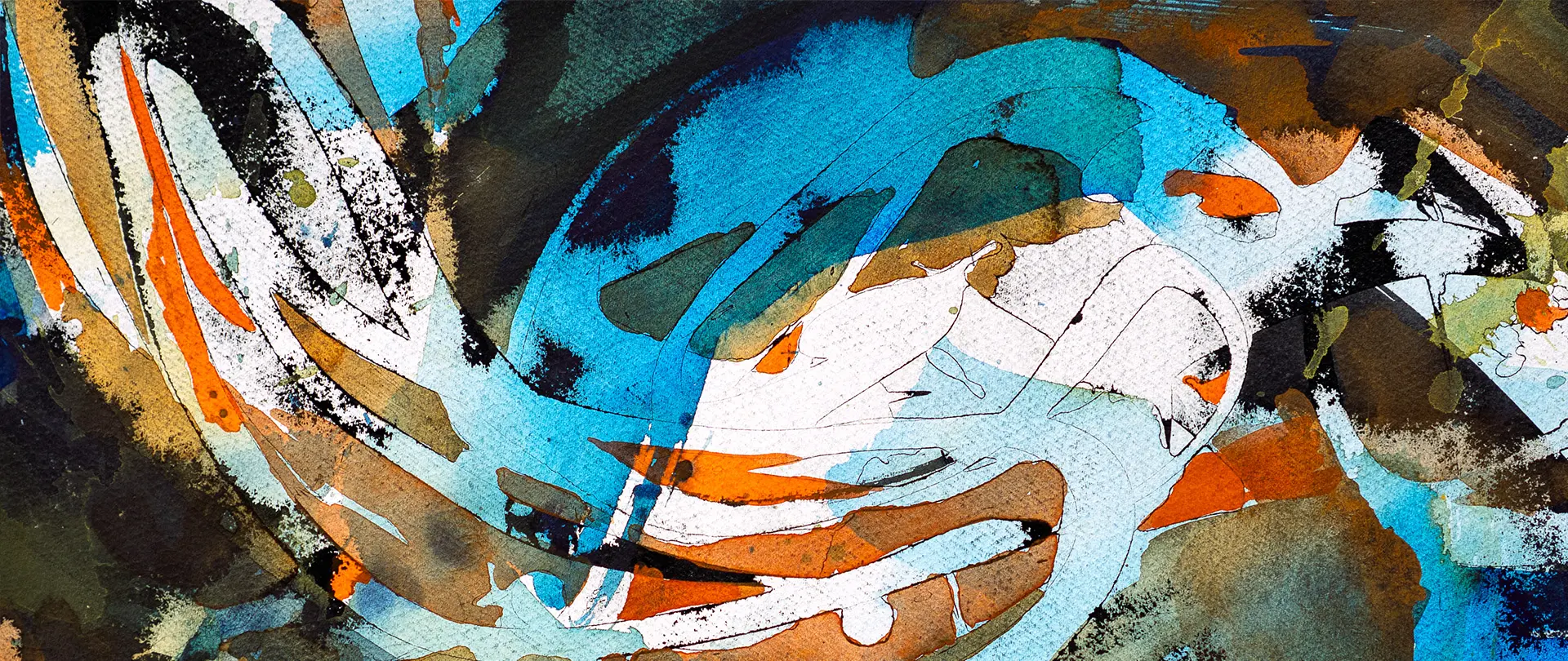 Abstrakte Aquarellkomposition mit verschachtelten Bildräumen, Farbschichten und dynamischen Spuren zwischen Gegenständlichkeit und Experiment