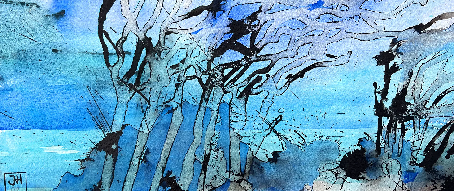 Spurensuche im Aquarell Abstrakte Aquarellmalerei in Blau- und Schwarztönen, inspiriert von der dynamischen Landschaft und Weite des Darß zwischen Weststrand und Bodden