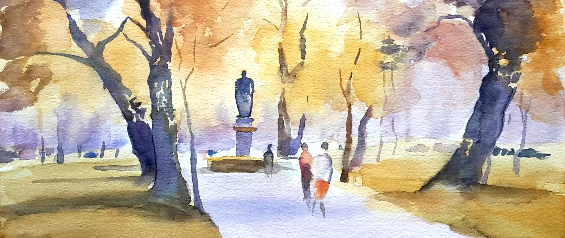 Aquarell eines Parks mit herbstlichen Bäumen und mehreren Personen, die auf einem Weg spazieren erstellt von artistravel Dozentin Karin Gorgas