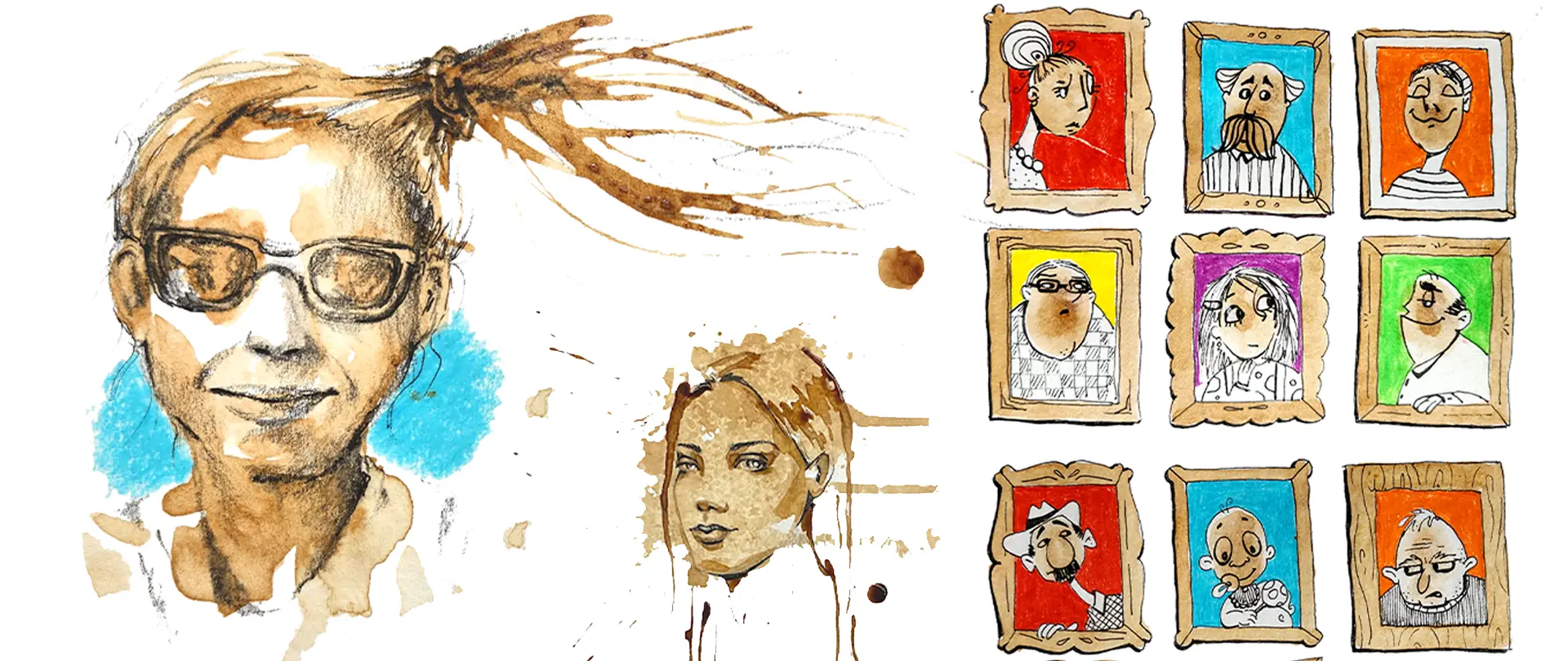 Malen mit Kaffee - Portraits Kreative Kaffeeportraits mit Fingerabdrücken, Finelinern und Farbe, die lustige und abwechslungsreiche Gesichter in verschiedenen Rahmen zeigen