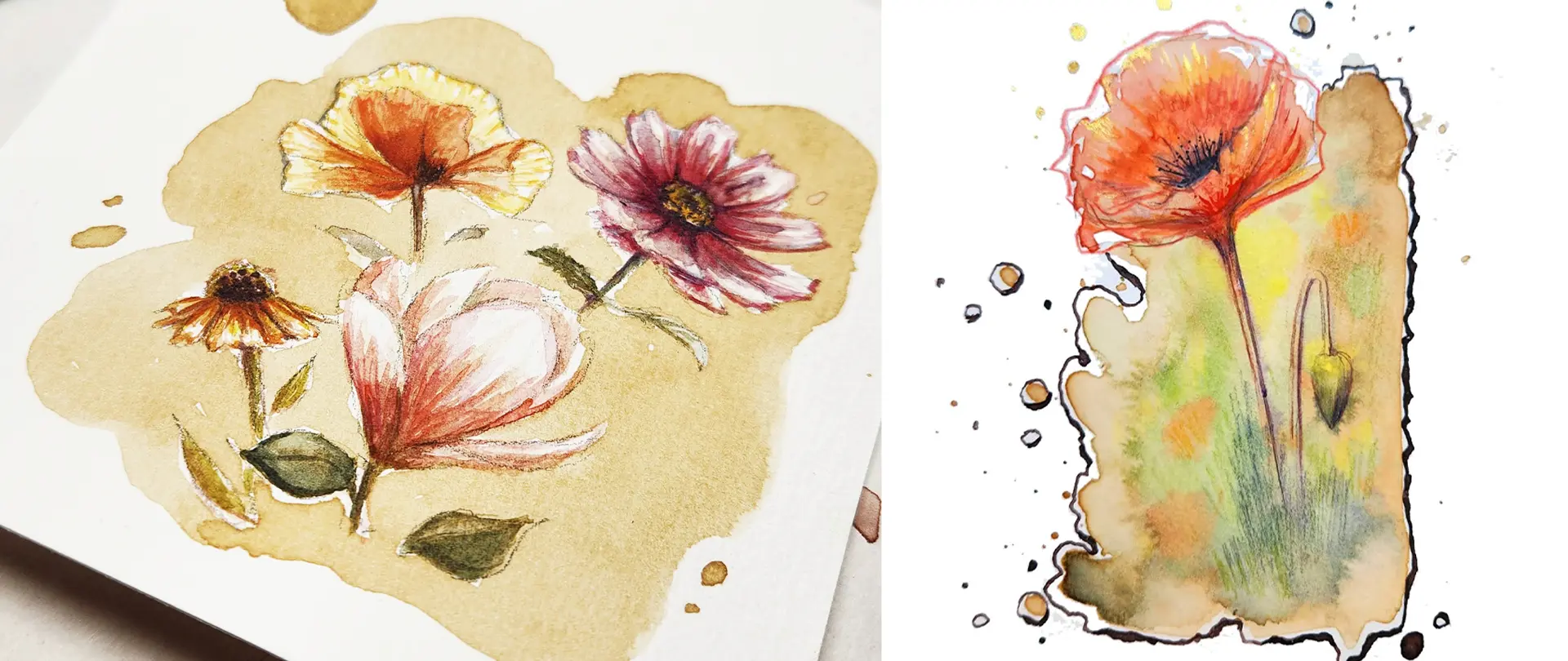 Aquarellillustrationen von Blumen, kreativ gestaltet mit Kaffeeflecken und feinen Zeichnungen für einen Mal-Kurs "After Work: Malen mit Kaffee - Blumen"
