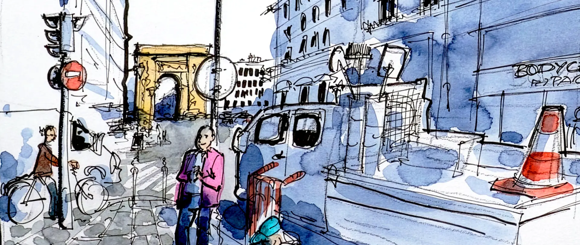 Urban Sketching: Skizzenbuch mit Stadtmotiv, Figuren und Architektur, zeigt entspanntes urbanes Zeichnen unterwegs