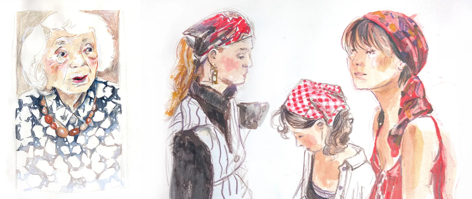 Vier unterschiedliche Portrait-Skizzen von Frauen in verschiedenen Blickwinkeln, Fokus auf Proportionen, Licht, Schatten und Kontraste