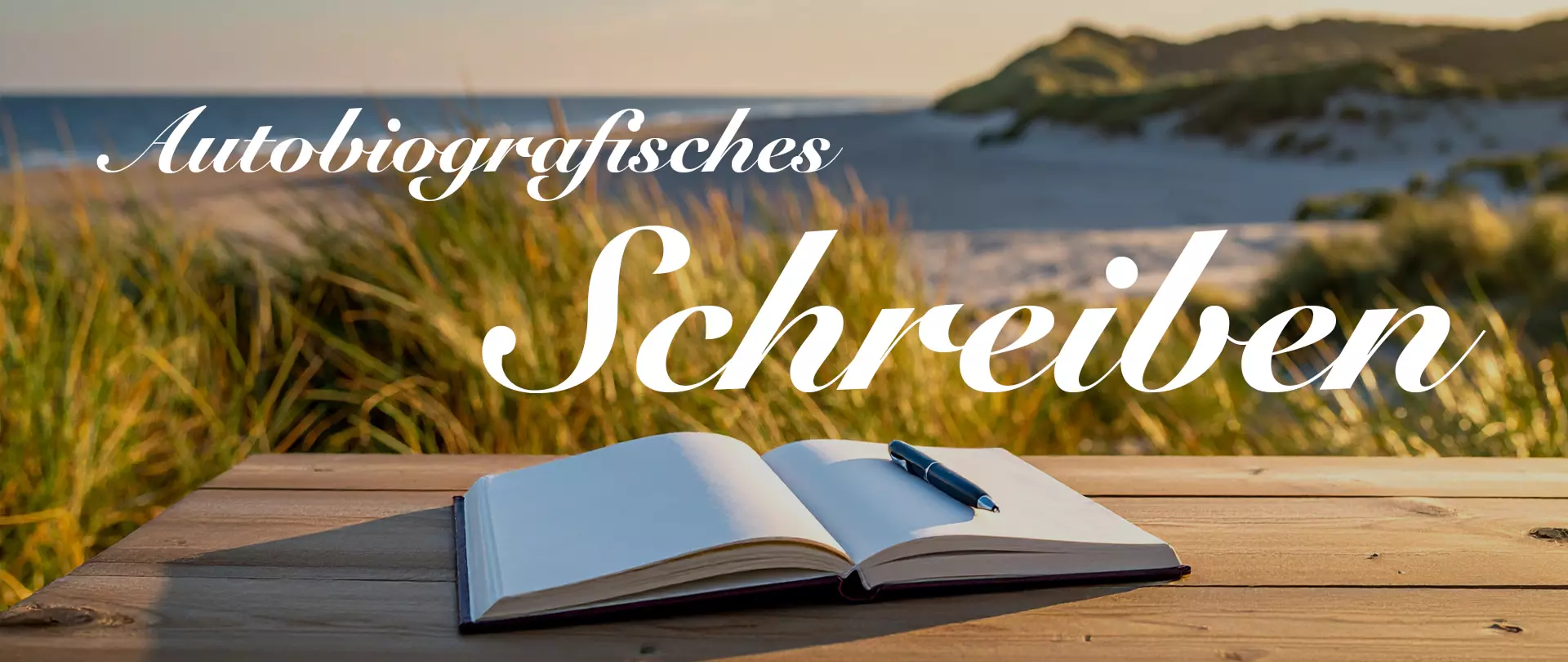 Offenes Notizbuch mit Stift auf Holztisch vor Dünenlandschaft am Meer, Text 'Autobiografisches Schreiben'