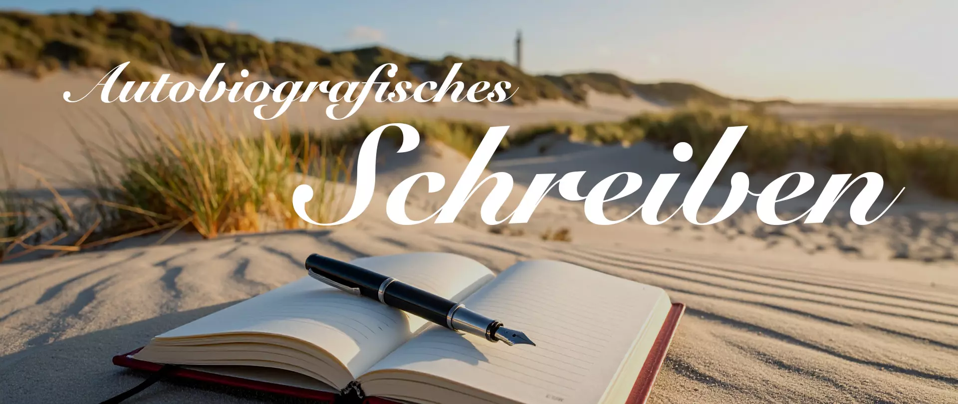 Offenes Notizbuch mit Füllfederhalter liegt im Sand vor Dünen, Text 'Autobiografisches Schreiben'