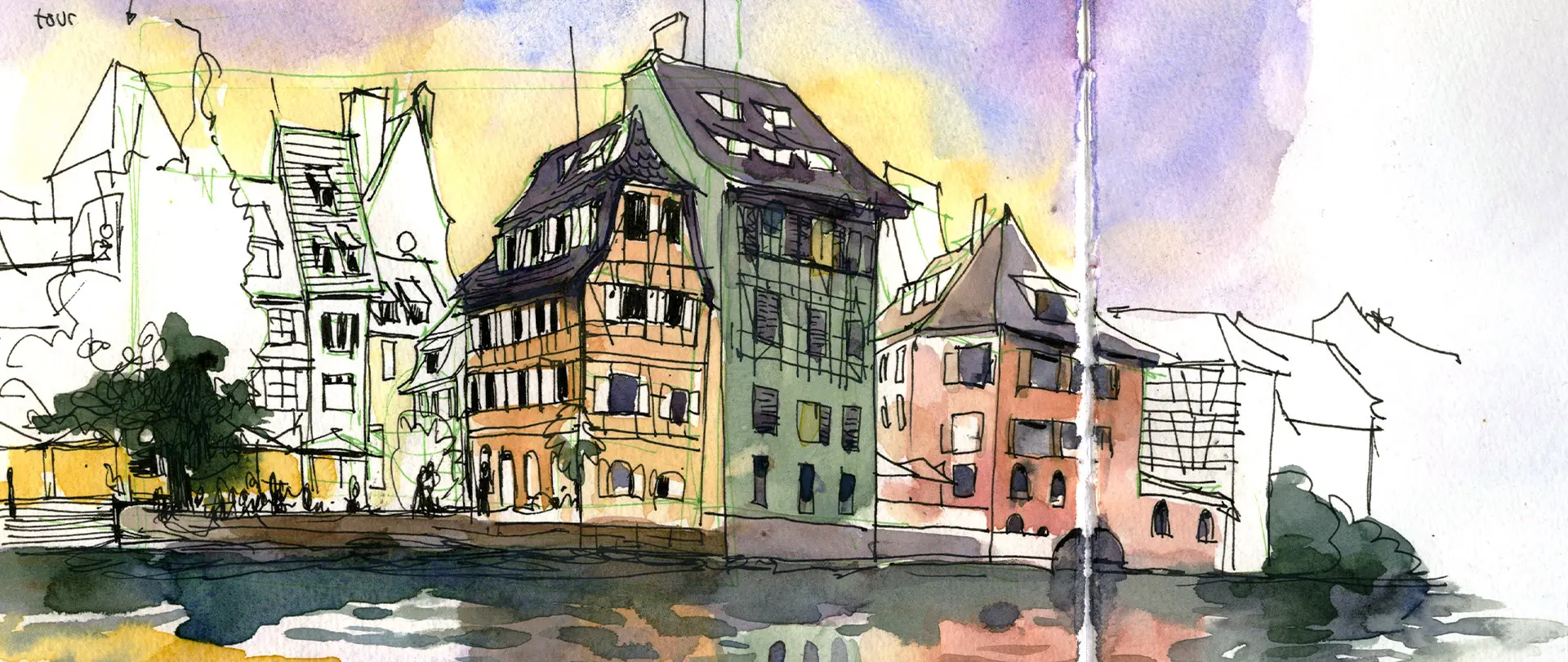 Lebendiges Urban Sketching Aquarellskizze urbaner Häuserreihe mit lebendiger Farbgebung und angedeuteten Personen am Wasser, vermittelt lockeren, ausdrucksstarken Urban-Sketching-Stil