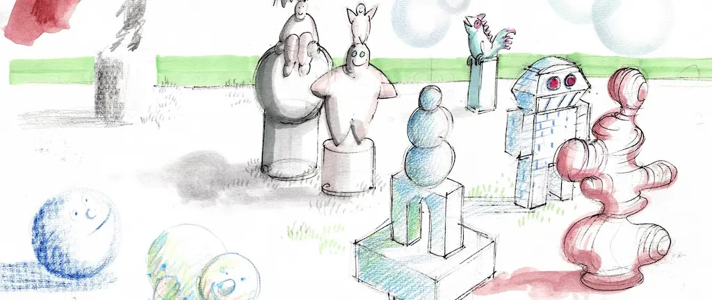 Skizzen verschiedener abstrakter Figuren in Raum und Perspektive, die plastische Formen und Materialien mit einfachen Zeichentechniken darstellen