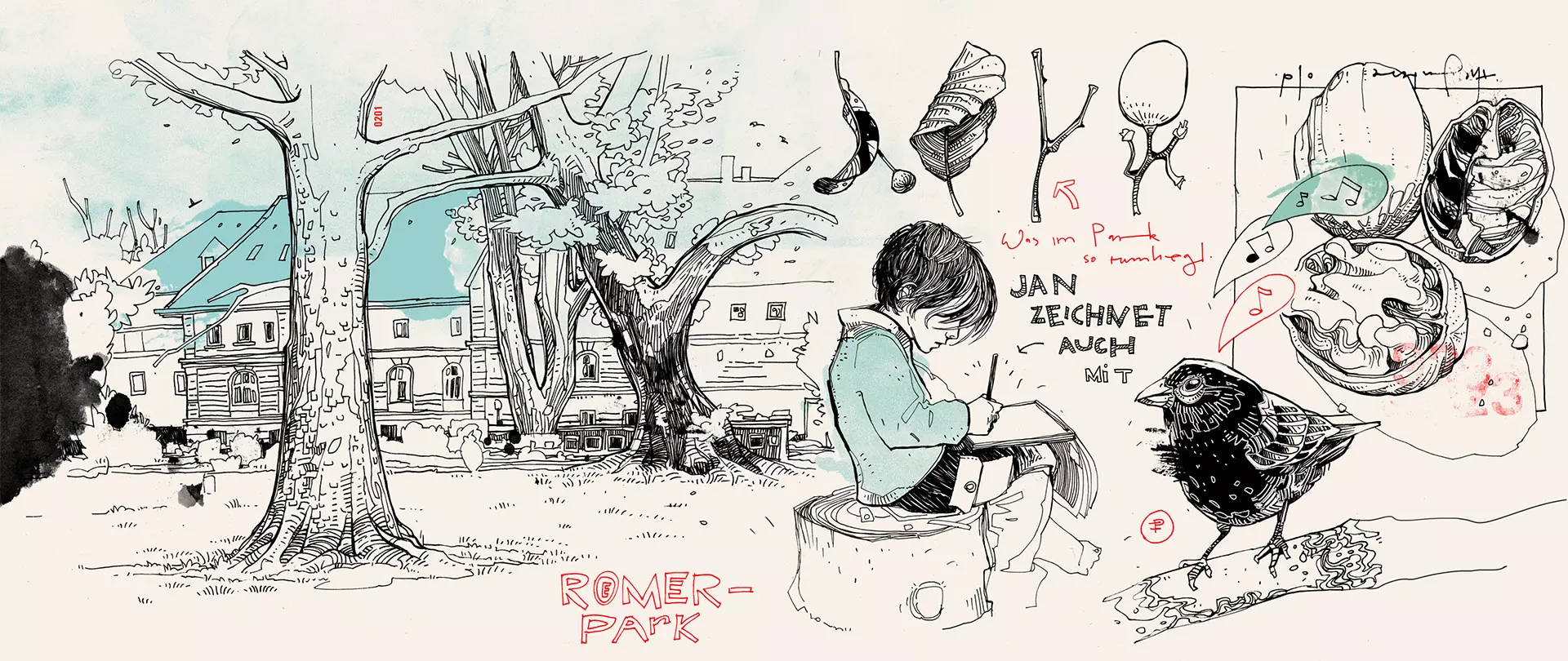 Zeichnung eines Jungen, der auf einem Baumstumpf im Römerpark sitzt und zeichnet, umgeben von Bäumen, einem Vogel und Skizzen von Blättern und Früchten erstellt von artistravel Dozent Peter Hoffmann
