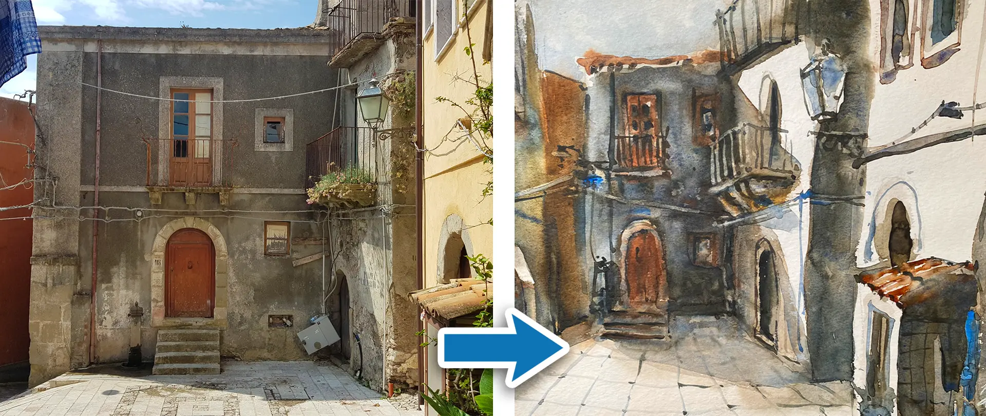 Gasse mit Gebäuden in Foto und Aquarell, zeigt Perspektive und Fluchtpunkt zur Anleitung für stimmige Aquarell-Malerei"