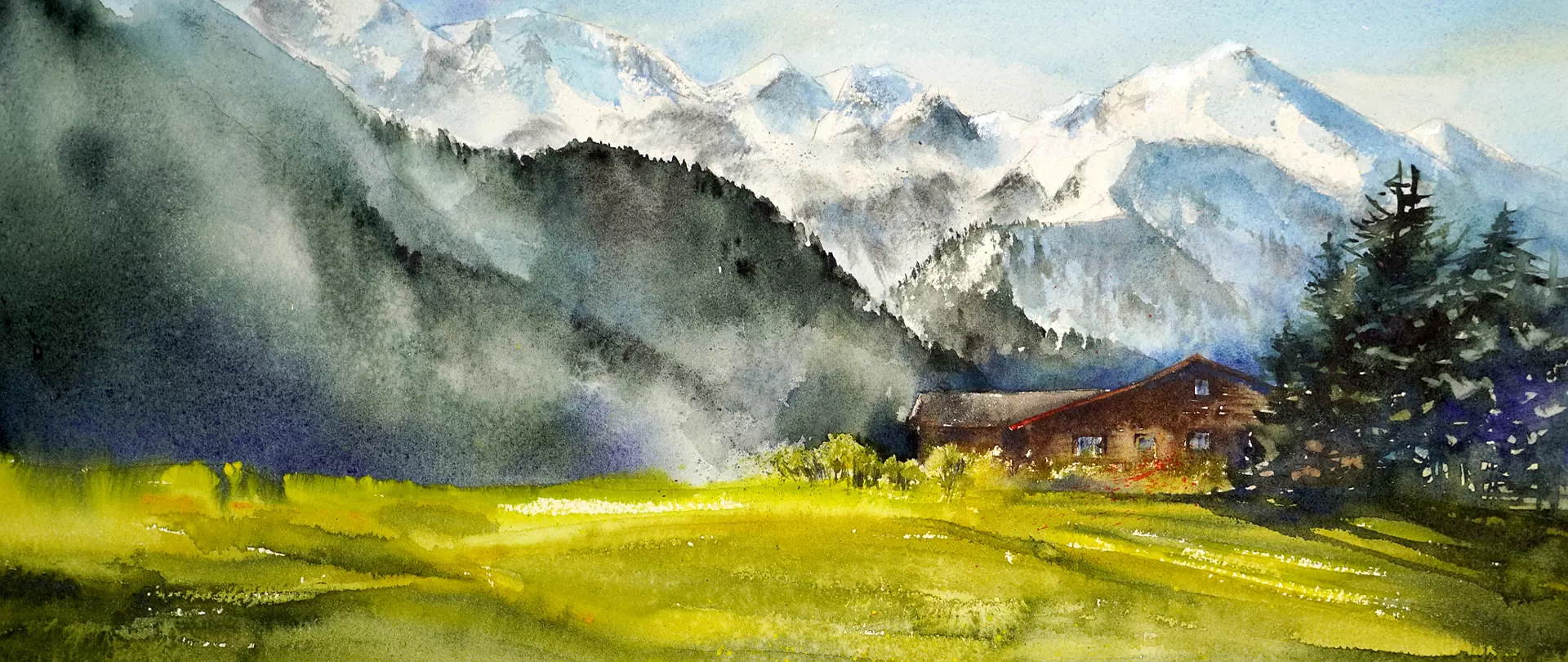 Aquarell einer Berglandschaft mit grüner Wiese, Tannenbäumen und einer Hütte vor schneebedeckten Gipfeln erstellt von artistravel Dozentin Sabine Ziegler