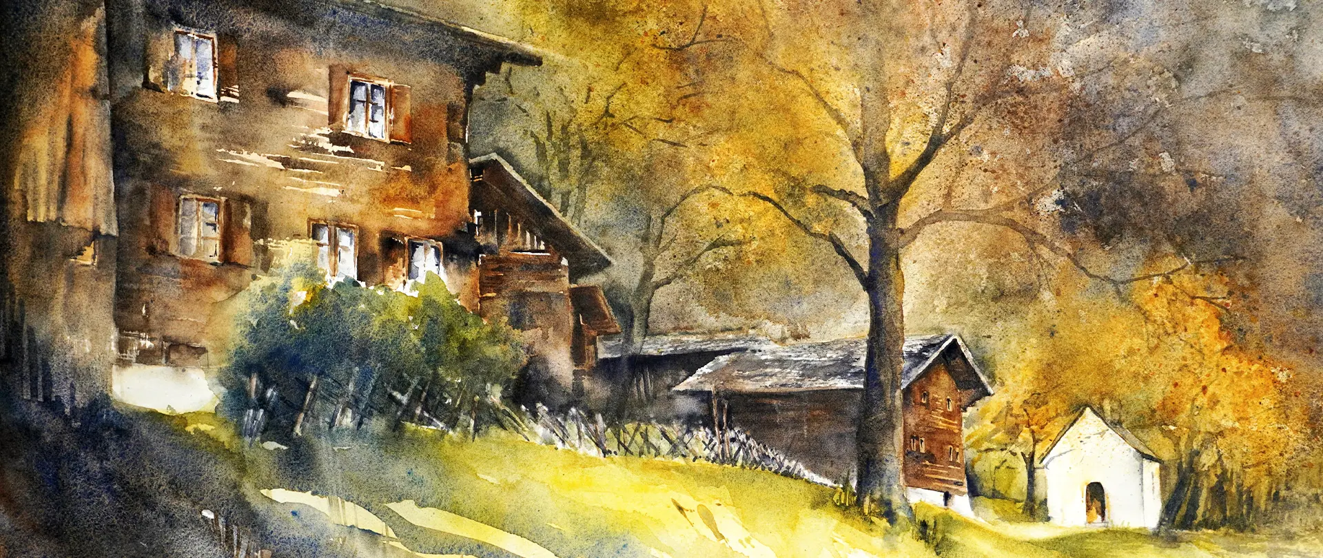 Herbstliche Landschaft mit altem Bauernhaus, Bäumen und kleiner Kapelle in expressivem, experimentellem Aquarellstil dargestellt