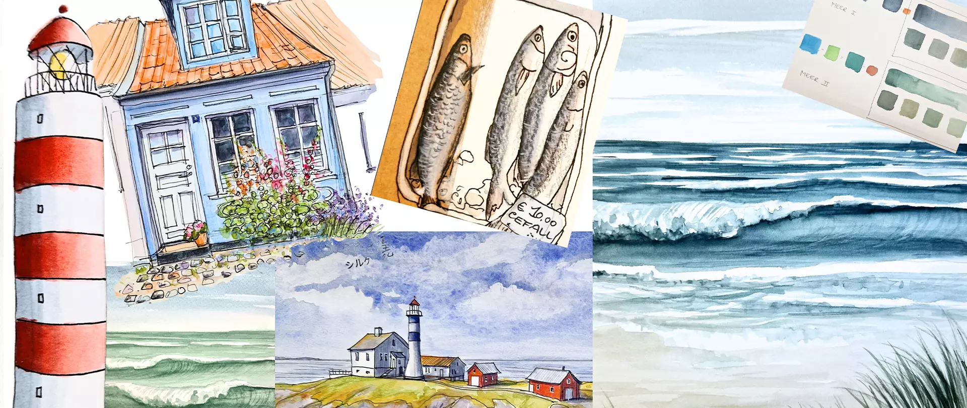 Urban Sketching: Aquarellzeichnungen eines Leuchtturms, eines Hauses mit Garten, Fische auf Papier und Meereswellen erstellt von artistravel Dozentin Silke Bryant