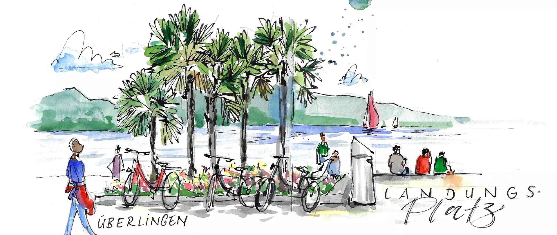 Urban Sketching zeigt eine Uferpromenade in Überlingen mit Palmen, Fahrrädern und Menschen, darunter ein Mann mit rotem Rucksack und ein Segelboot auf dem Wasser erstellt von artistravel Dozentin Tanja Meyer
