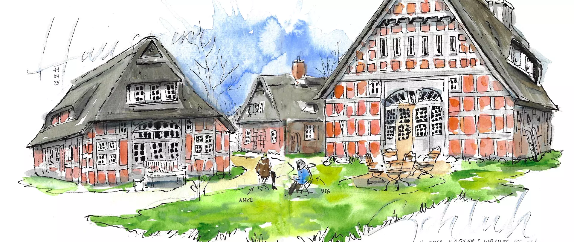 Urban Sketching zeigt Fachwerkhäuser in Worpswede mit roten Ziegeln, weißen Balken und Personen im Garten erstellt von artistravel Dozentin Tanja Meyer